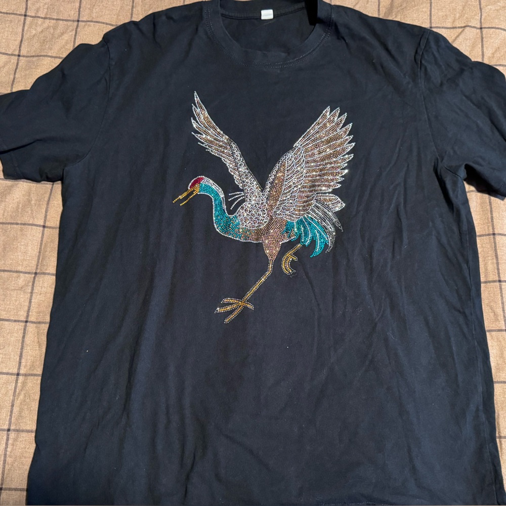 Rhinestone Crane Bird Graphic T-Shirt Black Sparkle Statement Tee Size XXL